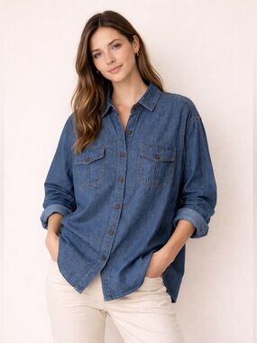 Zara Denim Button Up Shirt Women’s Large Relaxed Fit Chambray Shirt Minimalist